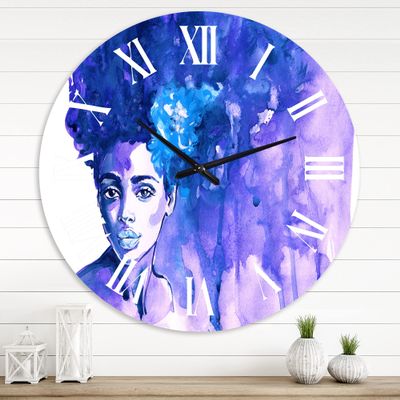 DesignQ Modern Wall Clock 'Glorious Blue Portrait of African American Woman' People Large Wall Clock for Kitchen Decor