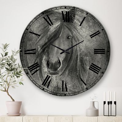 DesignQ Farmhouse Wall Clock 'Farmhouse Horse IV' Animals Large Wall Clock for Kitchen Decor