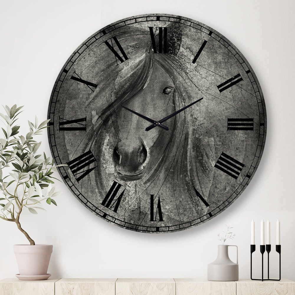 DesignQ Farmhouse Wall Clock 'Farmhouse Horse IV' Animals Large Wall Clock for Kitchen Decor