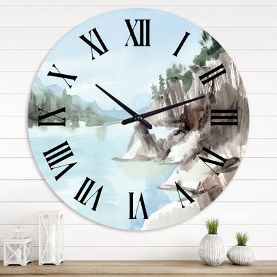 DesignQ Lake House Wall Clock 'Rocks by The Blue Lake' Landscape & Nature Large Wall Clock for Living Room Decor