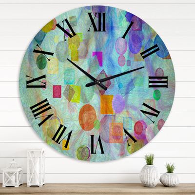 DesignQ Modern Wall Clock 'Mimimalistic Blue Green and Violet Geometric Impression on Turquoise Background' Large Wall Clock for Living Room Decor