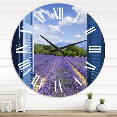 DesignQ Farmhouse Wall Clock 'Lavender Field Through Blue Open Cottage Window' Landscape & Nature Large Wall Clock for Bedroom Decor