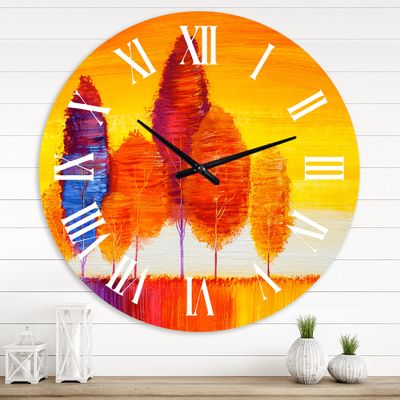 DesignQ Farmhouse Wall Clock 'Autumn Colored Forest Treescape XV' Large Wall Clock for Living Room Decor