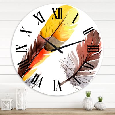 DesignQ Bohemian & Eclectic Wall Clock 'Colourful Boho Feathers IV' World Cultures Large Wall Clock for Kitchen Decor