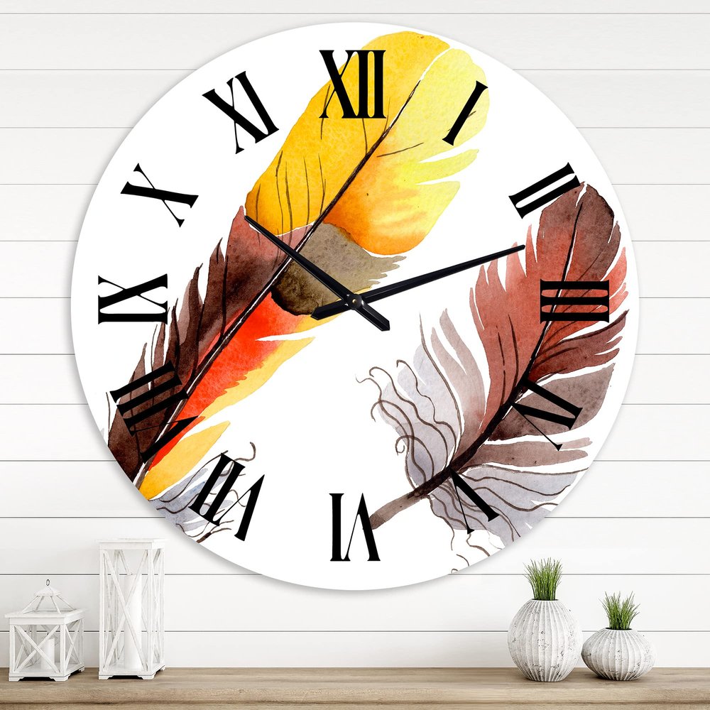 DesignQ Bohemian & Eclectic Wall Clock 'Colourful Boho Feathers IV' World Cultures Large Wall Clock for Kitchen Decor