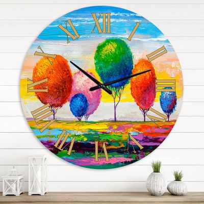 DesignQ Farmhouse Wall Clock 'Surreal Landscape of Green and Blue Trees III' Large Wall Clock for Office Decor