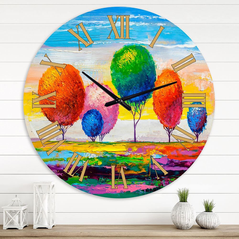 DesignQ Farmhouse Wall Clock 'Surreal Landscape of Green and Blue Trees III' Large Wall Clock for Office Decor