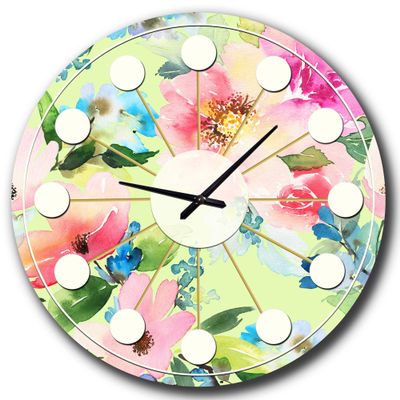 DesignQ Mid-Century Modern Wall Clock 'Floral Botanical Retro IV' Pink Round Wall Clock for Living Room Decor