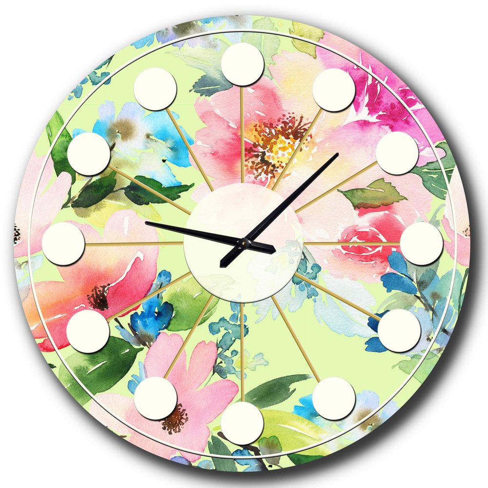 DesignQ Mid-Century Modern Wall Clock 'Floral Botanical Retro IV' Pink Round Wall Clock for Living Room Decor