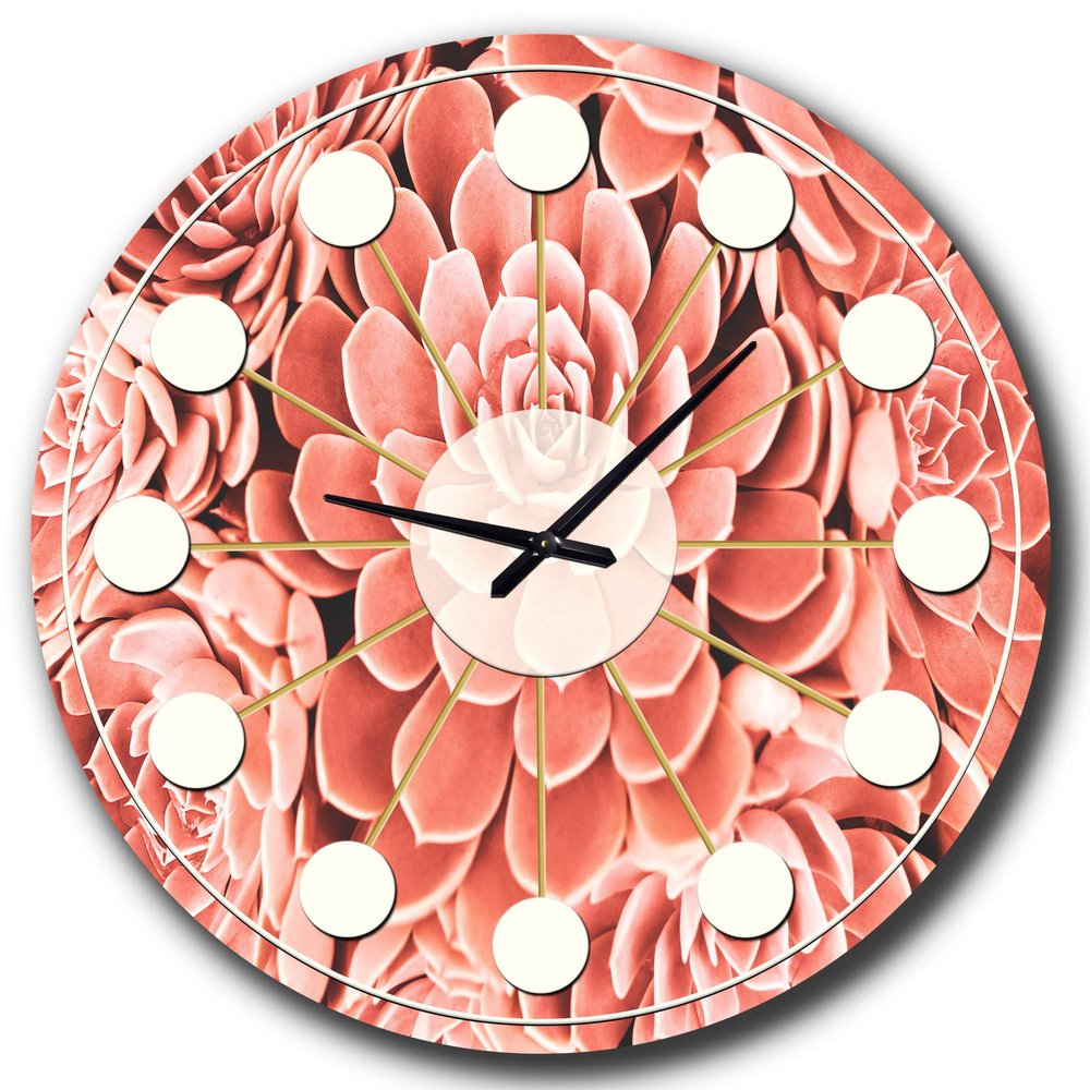 DesignQ Mid-Century Modern Wall Clock 'Coral Toned Succulent' Pink Round Wall Clock for Bedroom Decor
