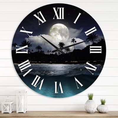 DesignQ Modern Wall Clock 'Fishing Boat Under Tropical Full Moon' Landscape & Nature Large Wall Clock for Living Room Decor
