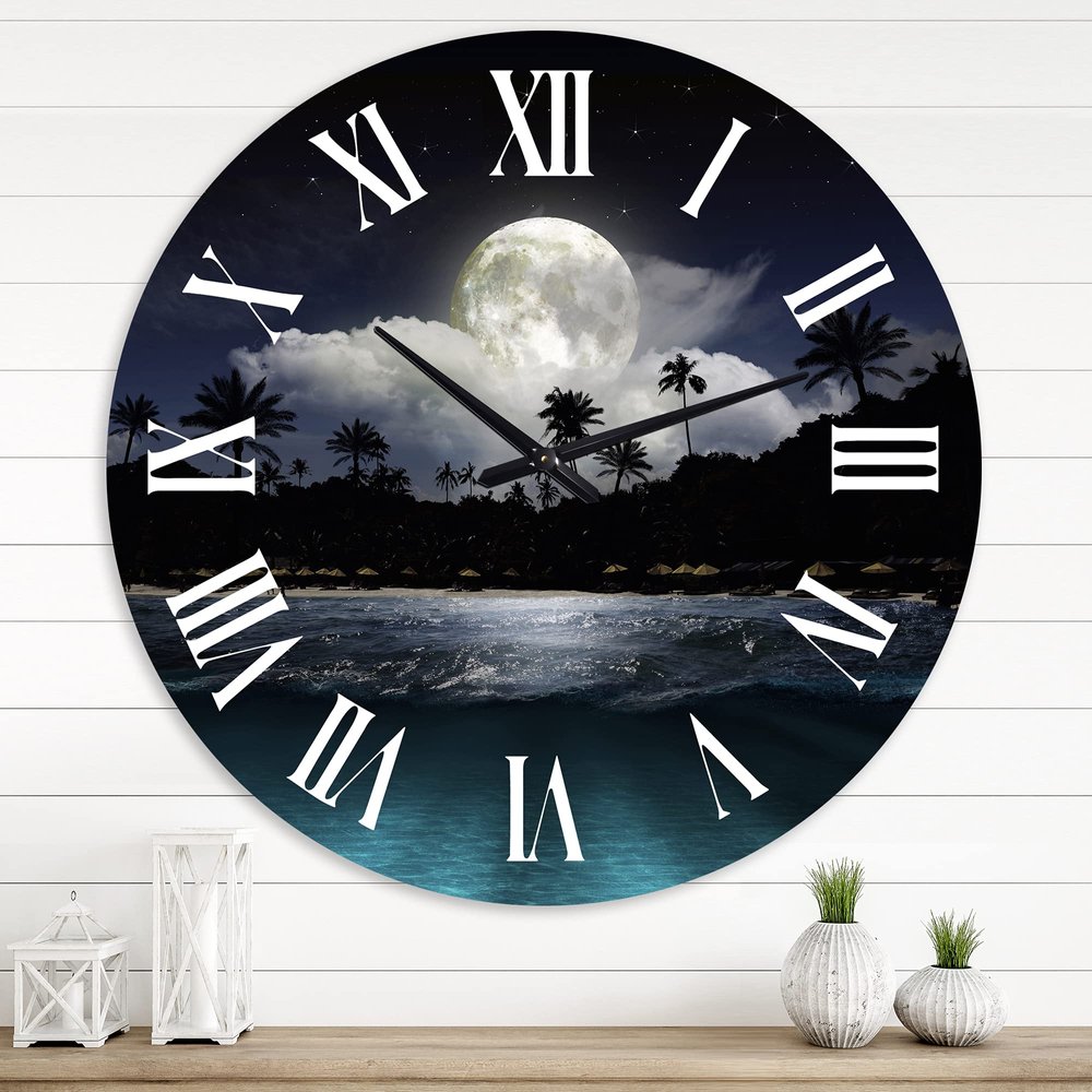 DesignQ Modern Wall Clock 'Fishing Boat Under Tropical Full Moon' Landscape & Nature Large Wall Clock for Living Room Decor