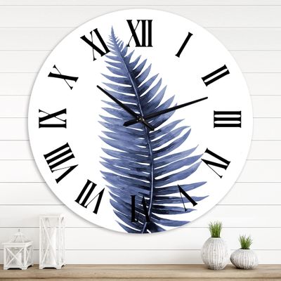 DesignQ Bohemian & Eclectic Wall Clock 'Tropical Blue Watercolour Leaves II' Floral & Botanical Large Wall Clock for Office Decor