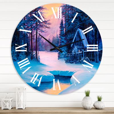 DesignQ Lake House Wall Clock 'Winter Landscape & The River House in The Woods II' Landscape & Nature Large Wall Clock for Kitchen Decor
