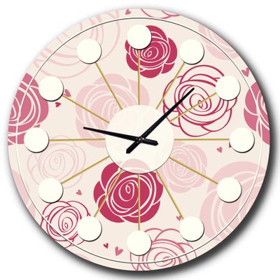 DesignQ Mid-Century Modern Wall Clock 'Roses Pattern' Pink Round Wall Clock for Kitchen Decor