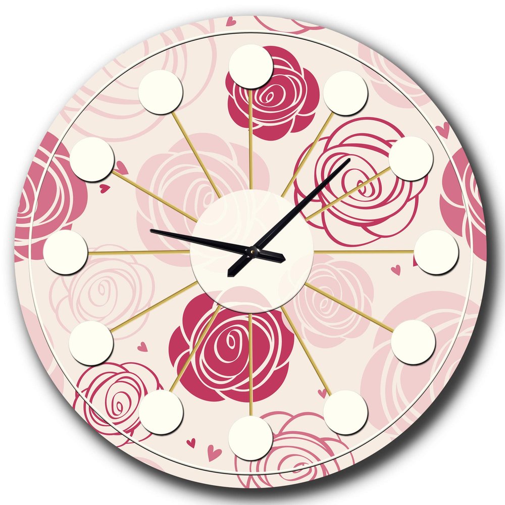 DesignQ Mid-Century Modern Wall Clock 'Roses Pattern' Pink Round Wall Clock for Kitchen Decor