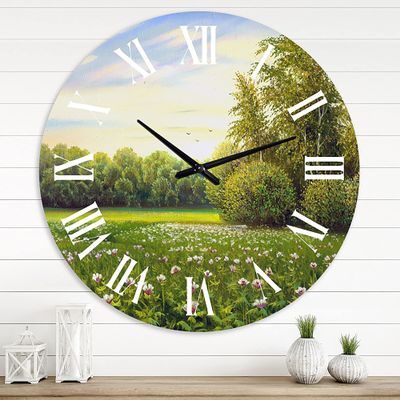 DesignQ Country Wall Clock 'Spring Trees by The Meadows' Landscape & Nature Large Wall Clock for Bedroom Decor