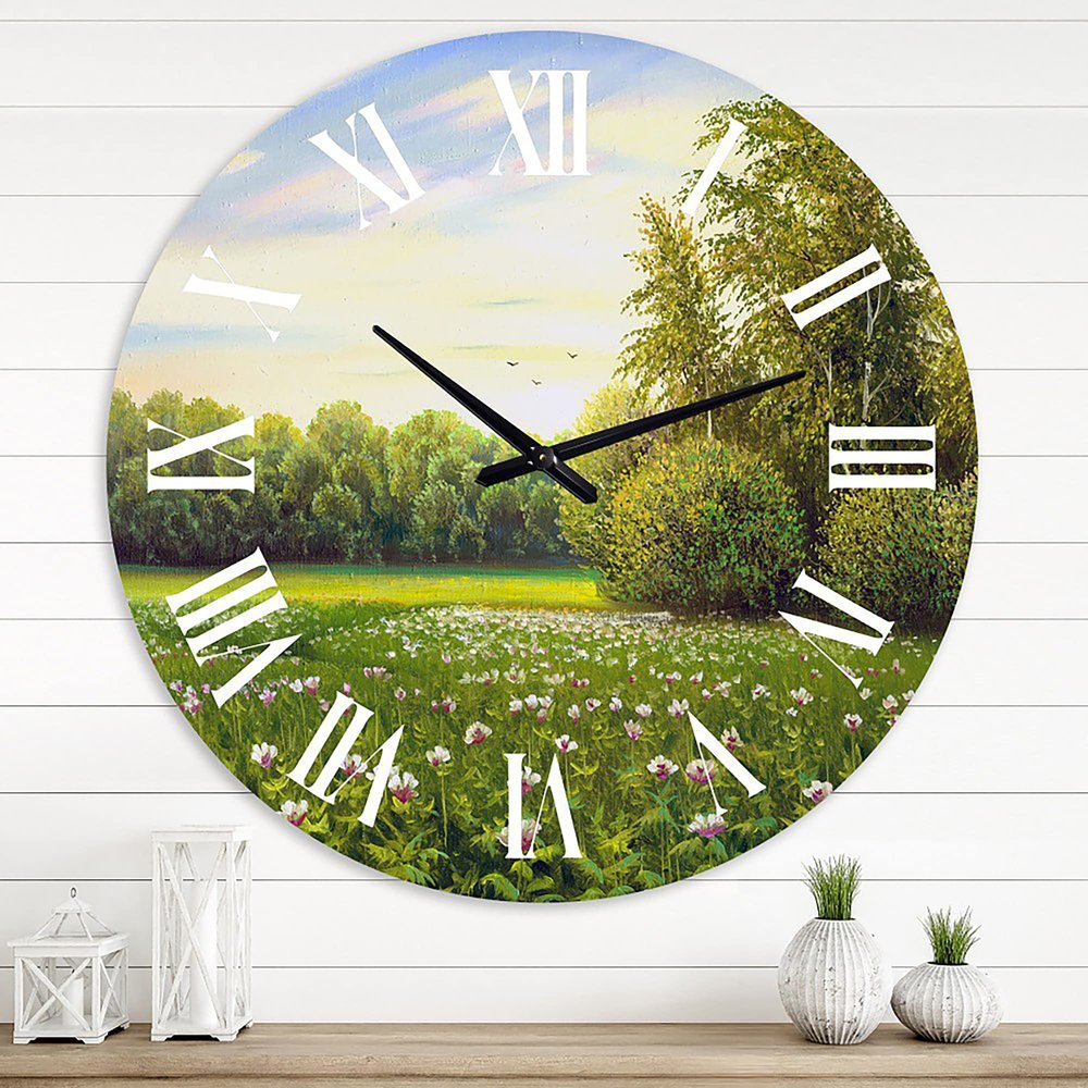 DesignQ Country Wall Clock 'Spring Trees by The Meadows' Landscape & Nature Large Wall Clock for Bedroom Decor