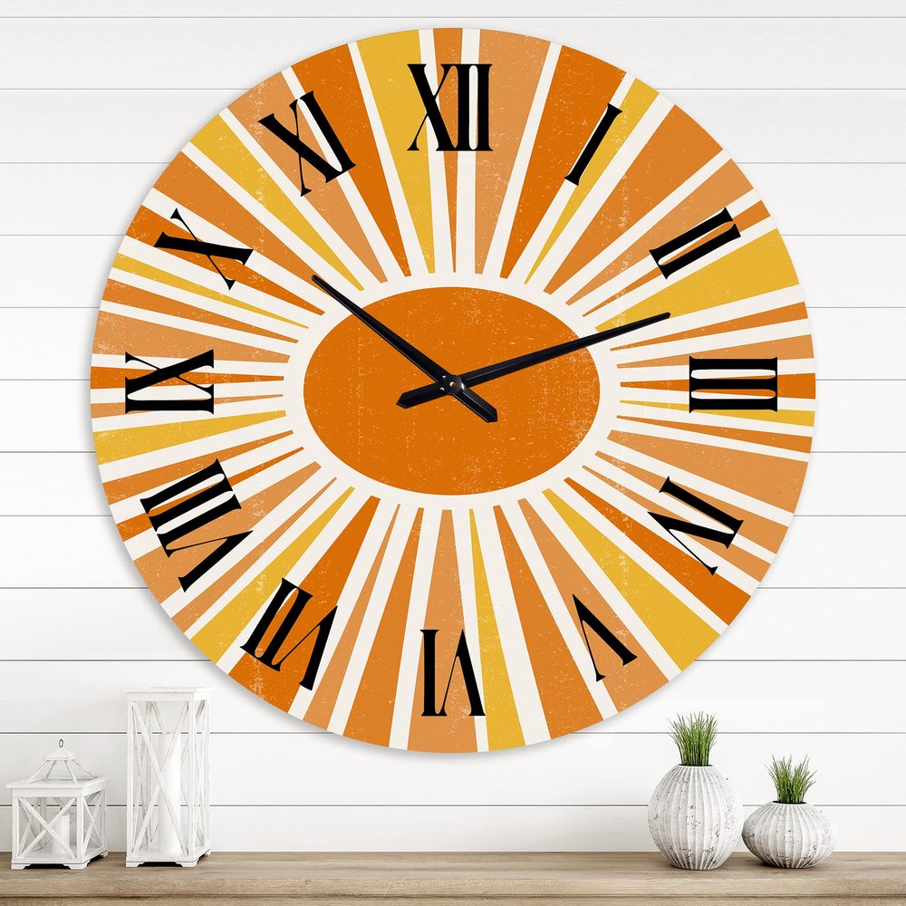 DesignQ Modern Wall Clock 'Minimalist Bright Shining Orange Sun Rays I' Abstract & Fractals Large Wall Clock for Kitchen Decor