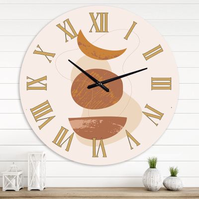 DesignQ Modern Wall Clock 'Moon and Sun Shapes in Retro Terracotta Tones I' Abstract & Fractals Large Wall Clock for Home Decor