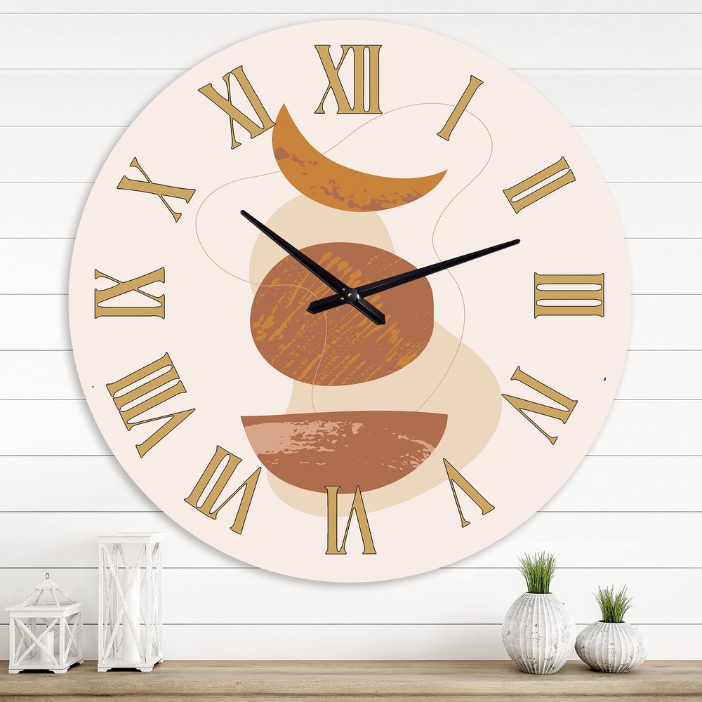 DesignQ Modern Wall Clock 'Moon and Sun Shapes in Retro Terracotta Tones I' Abstract & Fractals Large Wall Clock for Home Decor