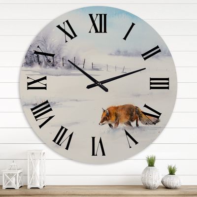 DesignQ Farmhouse Wall Clock 'Red Fox Running in White Snow I' Animals Large Wall Clock for Bedroom Decor