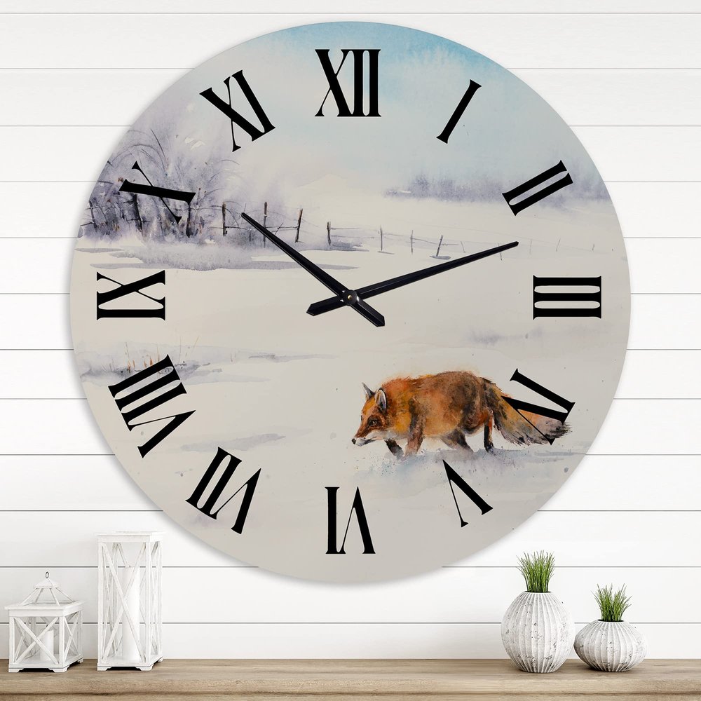 DesignQ Farmhouse Wall Clock 'Red Fox Running in White Snow I' Animals Large Wall Clock for Bedroom Decor