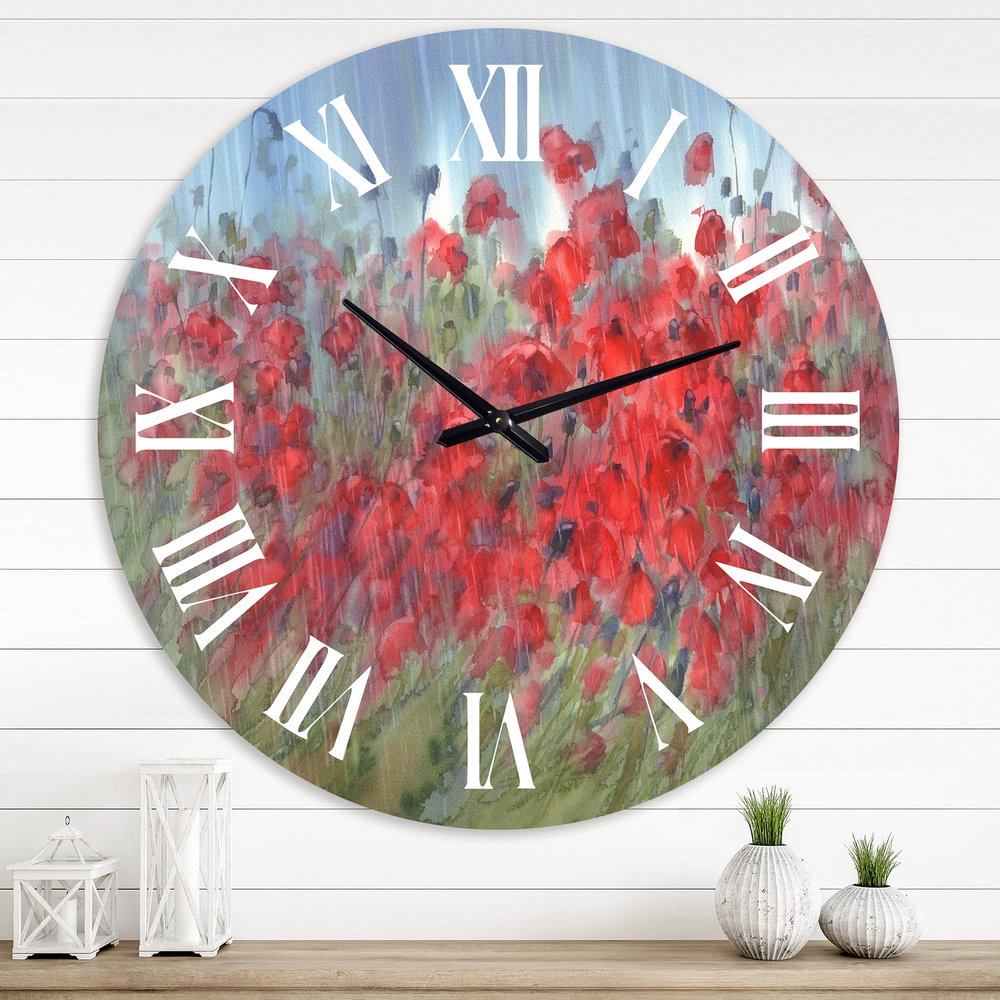 DesignQ Farmhouse Wall Clock 'Red Poppies in The RaIn' Large Wall Clock for Living Room Decor