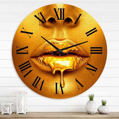 DesignQ Modern Wall Clock 'Gold Paint Drips from Sexy Woman Lips' People Large Wall Clock for Living Room Decor