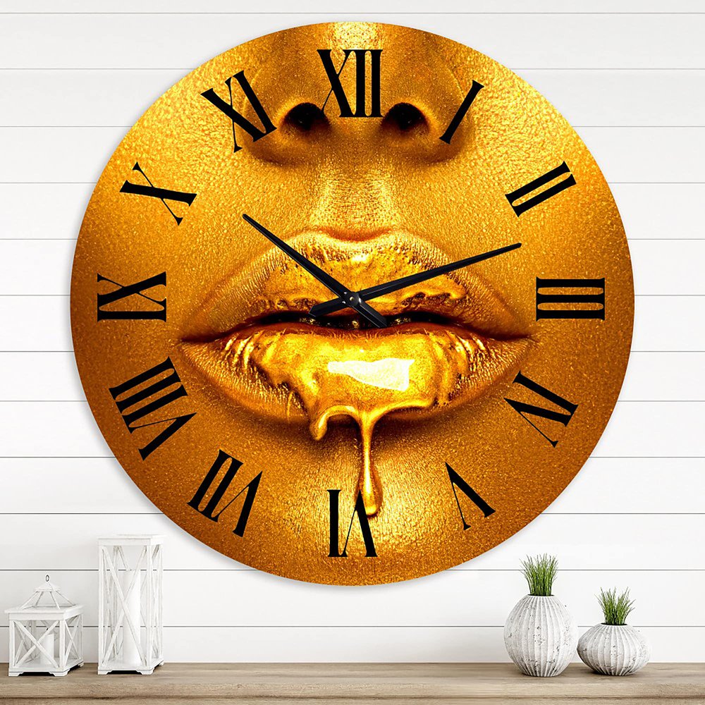 DesignQ Modern Wall Clock 'Gold Paint Drips from Sexy Woman Lips' People Large Wall Clock for Living Room Decor