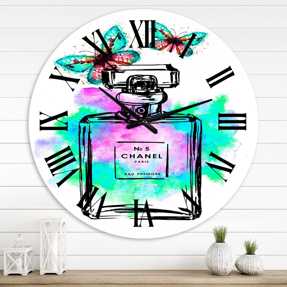 DesignQ Modern Wall Clock 'Perfume Chanel Five III' Floral & Botanical Large Wall Clock for Bedroom Decor