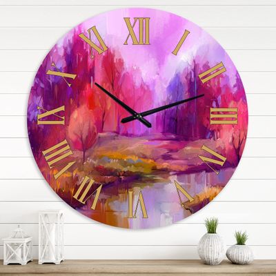 DesignQ Farmhouse Wall Clock 'Autumn Colored Forest Treescape XVIII' Large Wall Clock for Bedroom Decor