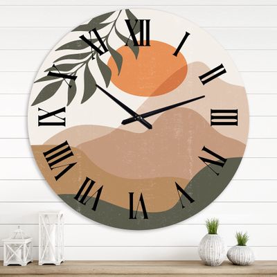 DesignQ Modern Wall Clock 'Abstract Red Moon in Earth Toned Mountains I' Floral & Botanical Large Wall Clock for Living Room Decor