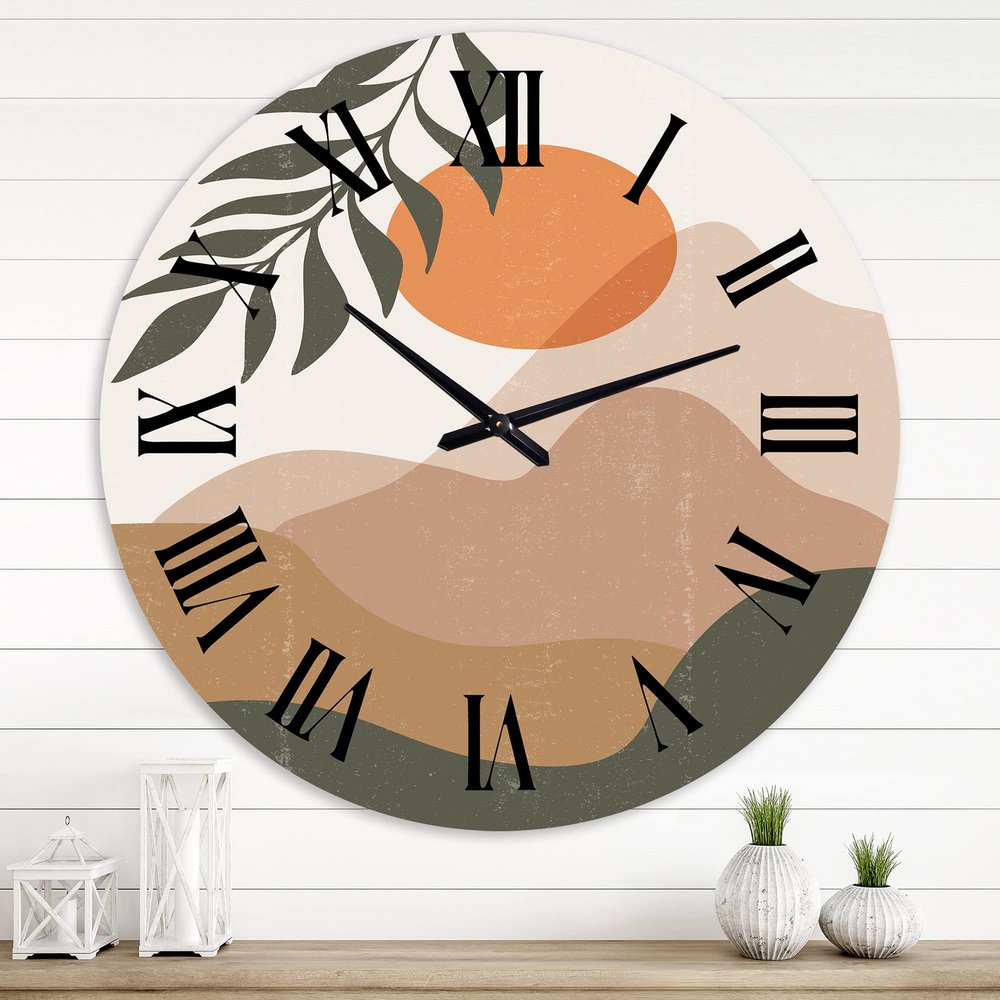 DesignQ Modern Wall Clock 'Abstract Red Moon in Earth Toned Mountains I' Floral & Botanical Large Wall Clock for Living Room Decor