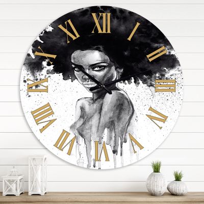 DesignQ Modern Wall Clock 'Monochrome Portrait of African American Woman III' People Large Wall Clock for Kitchen Decor