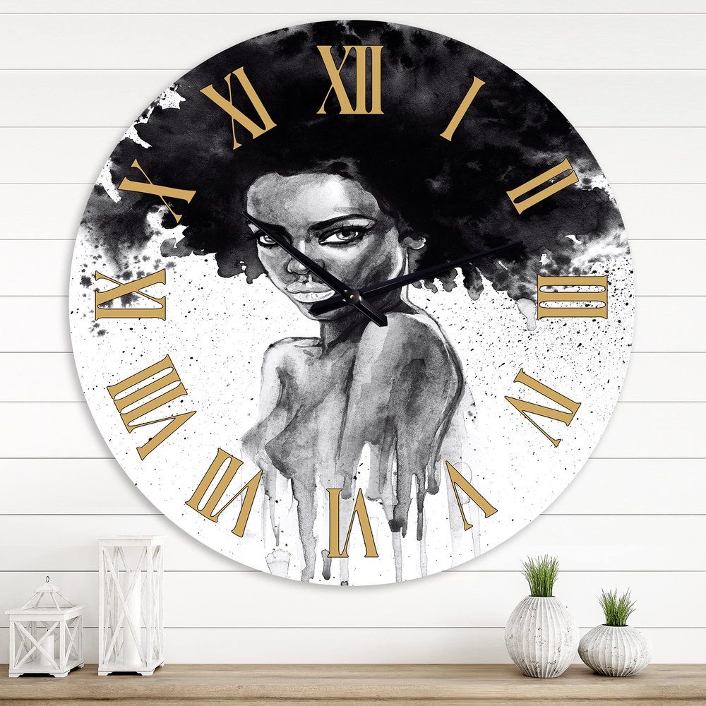 DesignQ Modern Wall Clock 'Monochrome Portrait of African American Woman III' People Large Wall Clock for Kitchen Decor