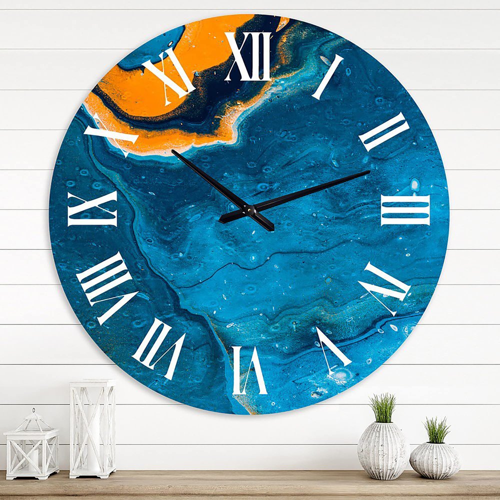DesignQ Modern Wall Clock 'Abstract Marble Composition in Blue and Orange III' Abstract & Fractals Large Wall Clock for Bedroom Decor