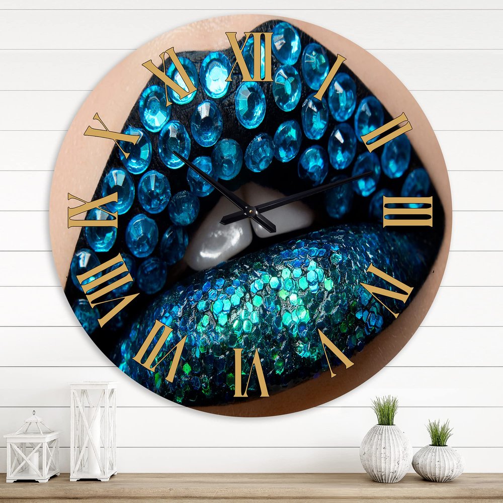 DesignQ Modern Wall Clock 'Female Lips with Black Lipstick Blue Diamonds' People Large Wall Clock for Kitchen Decor CLOCK36660 36x36