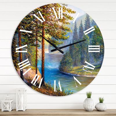 DesignQ Lake House Wall Clock 'Morning Sunlight Through The Pine & Fir Forest' Landscape & Nature Large Wall Clock for Bedroom Decor