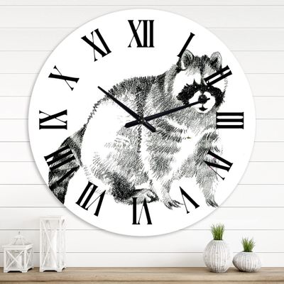 DesignQ Farmhouse Wall Clock 'Monochrome Portrait of Raccoon' Animals Large Wall Clock for Home Decor