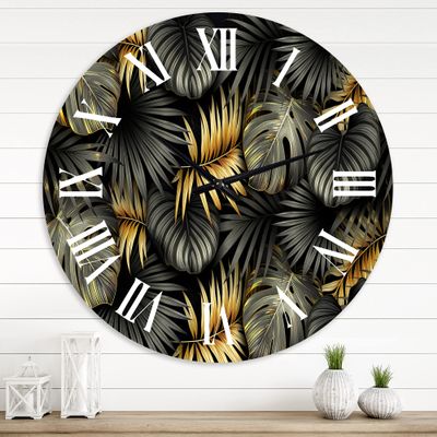 DesignQ Modern Wall Clock 'Black and Gold Tropical Leaves II' Floral & Botanical Large Wall Clock for Home Decor