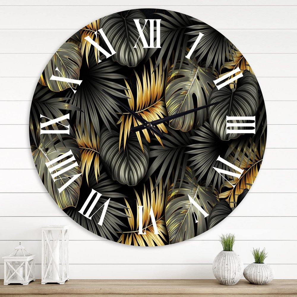 DesignQ Modern Wall Clock 'Black and Gold Tropical Leaves II' Floral & Botanical Large Wall Clock for Home Decor