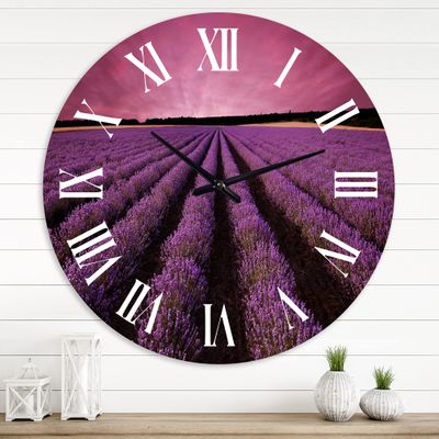 DesignQ Farmhouse Wall Clock 'Sunrise & Dramatic Clouds Over Lavender Field XI' Landscape & Nature Large Wall Clock for Home Decor