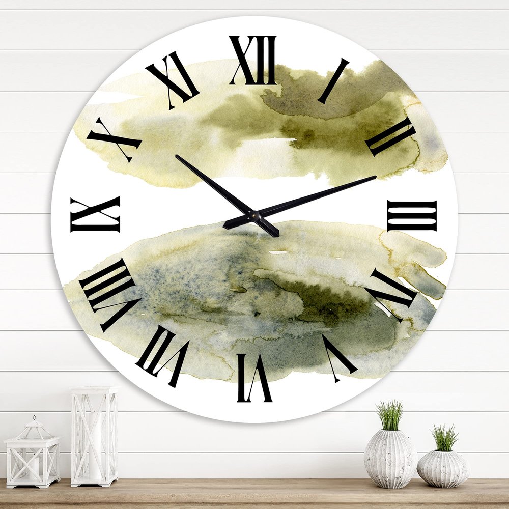 DesignQ Modern Wall Clock 'Dark Green Abstract Clouds I' Abstract & Fractals Large Wall Clock for Bedroom Decor