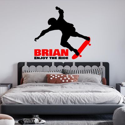 CuteDecals Custom Name Skateboarding Wall Decal - Personalized Silhouette Art Boy Skateboard Decor for Bedroom Decoration (Mini Wide 15Inx17In Height)