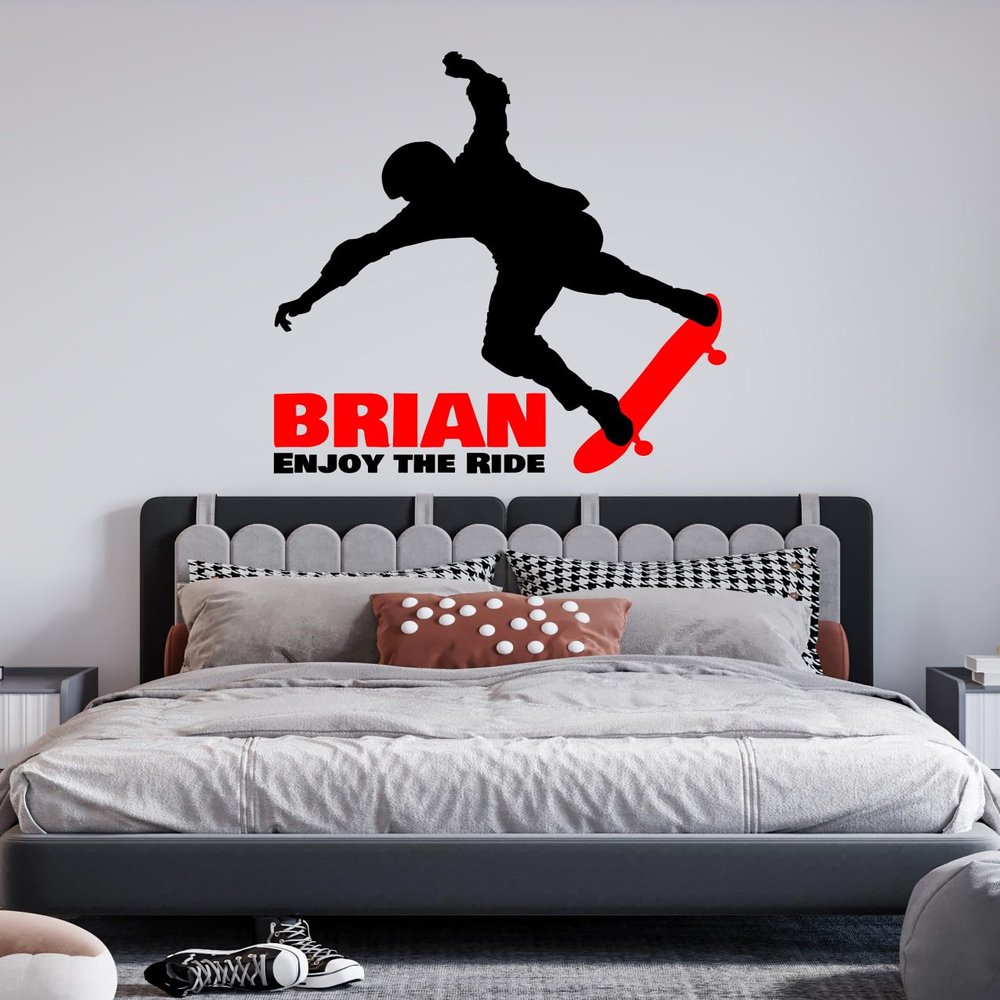 CuteDecals Custom Name Skateboarding Wall Decal - Personalized Silhouette Art Boy Skateboard Decor for Bedroom Decoration (Mini Wide 15Inx17In Height)