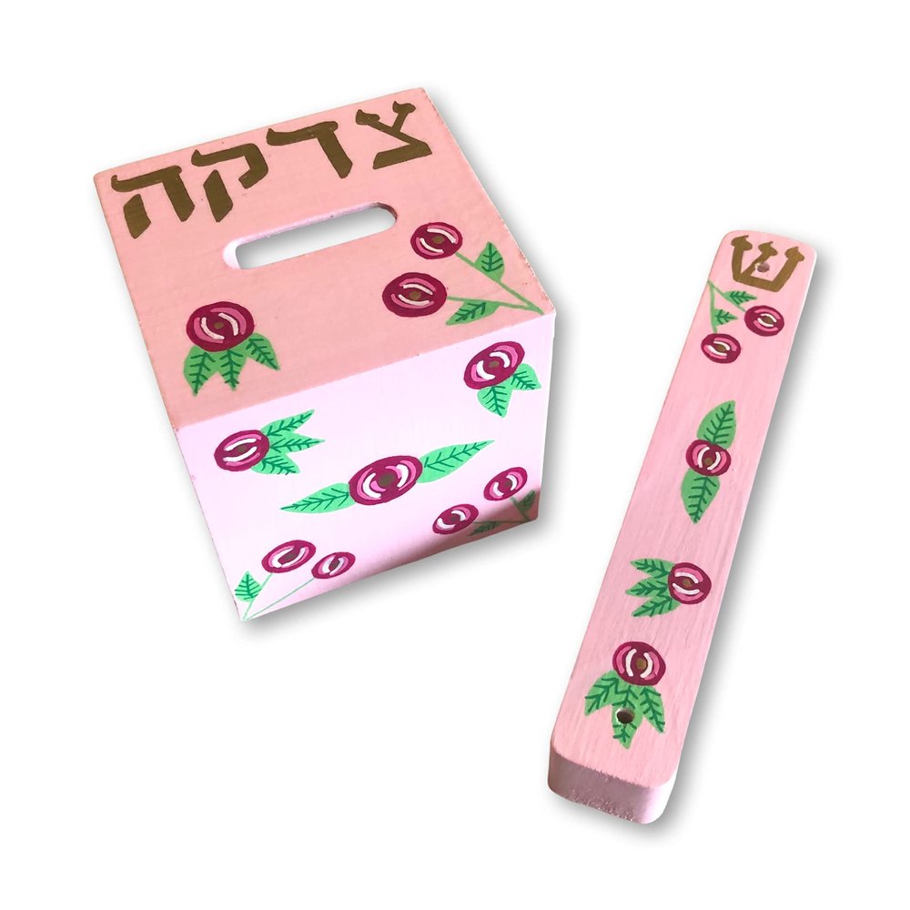 Hamsa Mezuzah Tzedakah Box, Jewish Baby Naming Gift Sets, Pink Roses (Tzedakah and Mezuzah with Kosher Scroll)