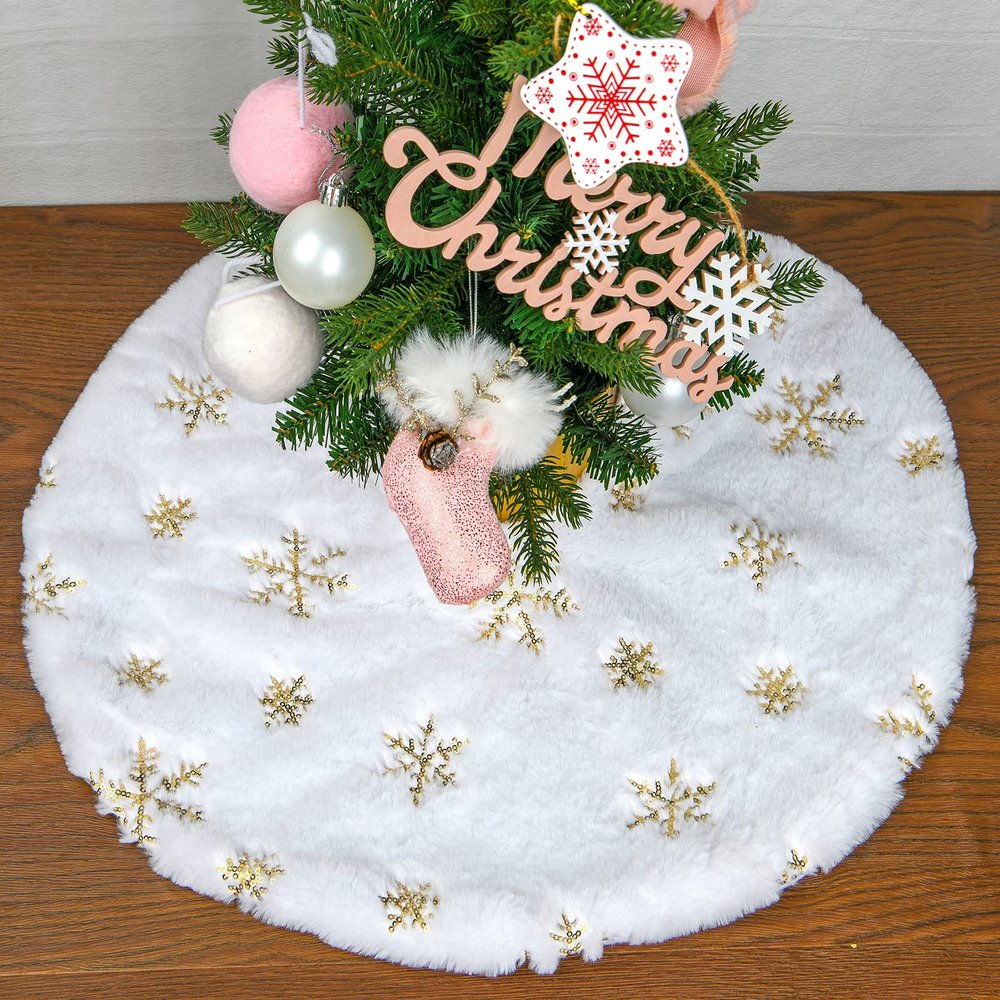 Faux Fur Christmas Tree Skirt,24 inches Luxury Tree Skirt with Gold Snowflake Sequin, Christmas Decorations Holiday Thick Plush Tree Xmas OrnamentsWhite and Gold,24 Inch