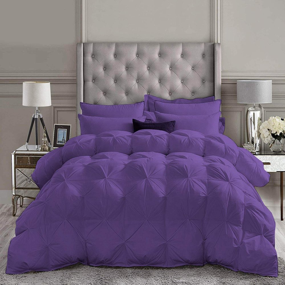 All Season Pinch Pleated Comforter Full (90'' x 90'') Goose Down Corner Tabs Cotton Baffle Pintuck Comforter Set Purple