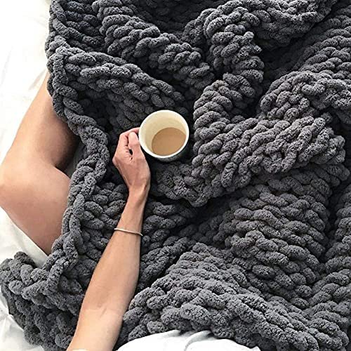 Chunky Chenille Knit Throw Blankets Handmade Bulky Yarn Knitted Blanket Soft Large Throw Blankets for Sofa Bed Boho Home Decor Dark Grey 8787 in